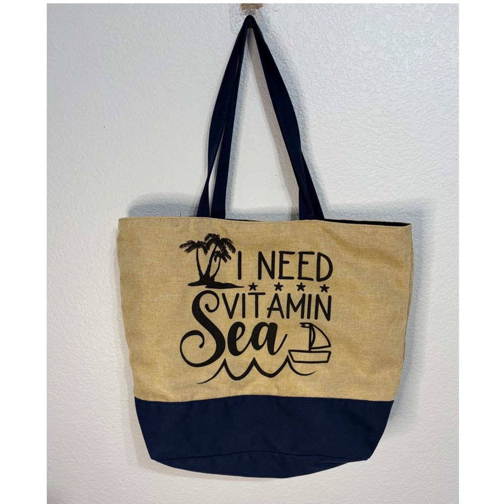 I Need Vitamin‎ Sea Beach Tote Bag Tan Burlap Navy Canvas Shoulder Bag Nautical